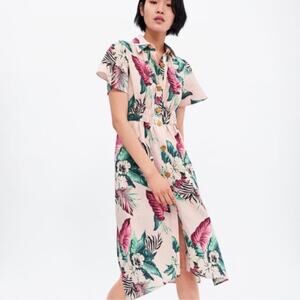 Zara tropical floral linen blend midi dress XL NWOT